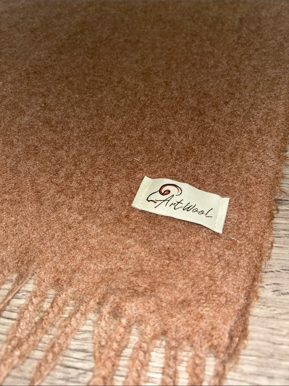 ArtWool Brushed Wool Blend Fringe Scarf Camel Brown 73”